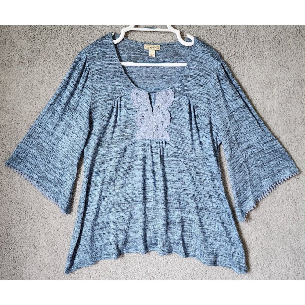 One World Women's 3/4 Flared Sleeve Lace Neck Knit Top Asymmetrical Hem Blue‎ M